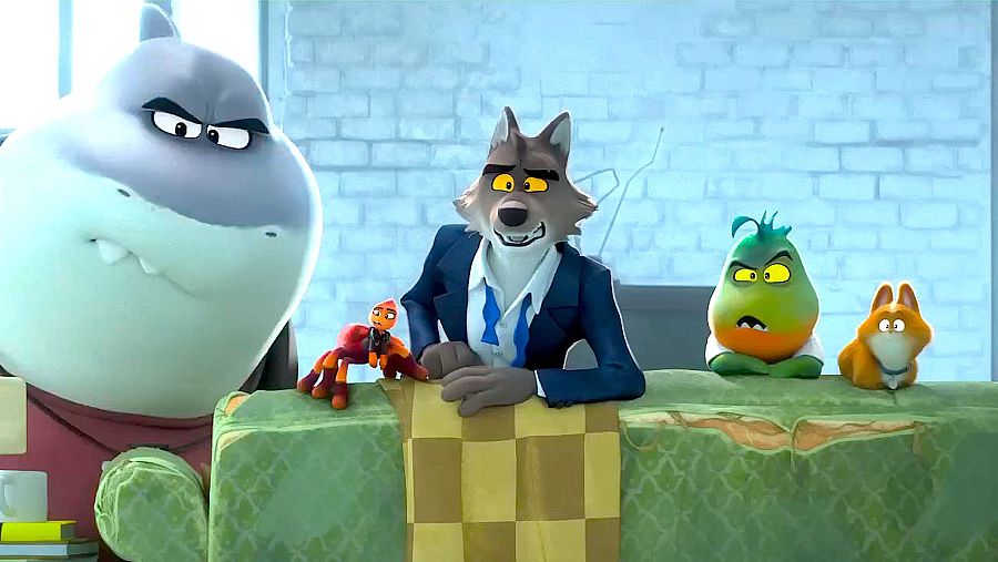 Cuatro personajes animados (tiburón, lobo, piraña y tarántula) reunidos en una mesa, con expresiones serias, en un fotograma de 'Los tipos malos 2'.