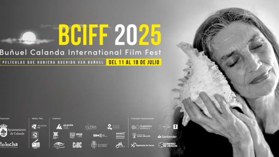Cartel del BCIFF 2025 (11-18 julio): Ángela Molina en blanco y negro con una caracola.  