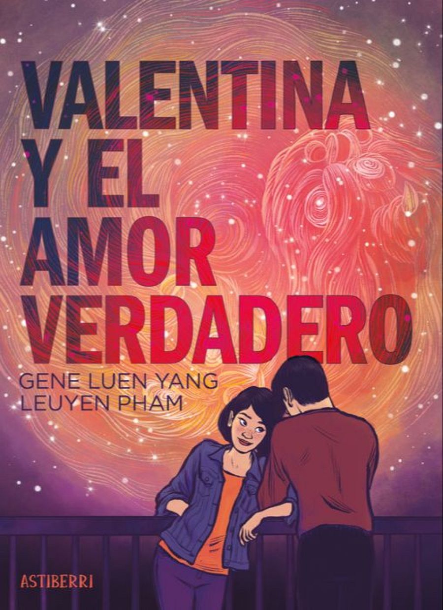 Dos jóvenes, ella con chaqueta vaquera y él con camiseta granate, se apoyan en una barandilla ante un cielo nocturno estrellado. Portada del cómic 