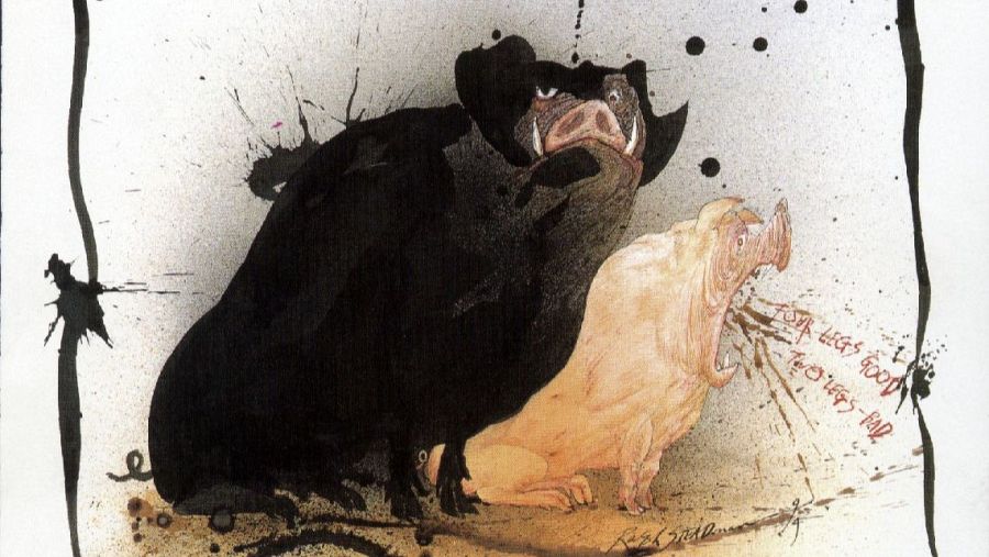 Dos cerdos, uno grande y oscuro, otro pequeño y claro gritando un eslogan.  Estilo expresionista con manchas de tinta, evoca la propaganda y el poder.