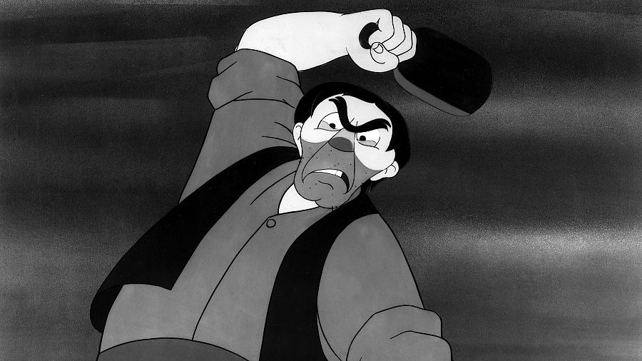 Personaje animado enfadado alza un objeto oscuro. Escena en blanco y negro, posiblemente de una película antigua.