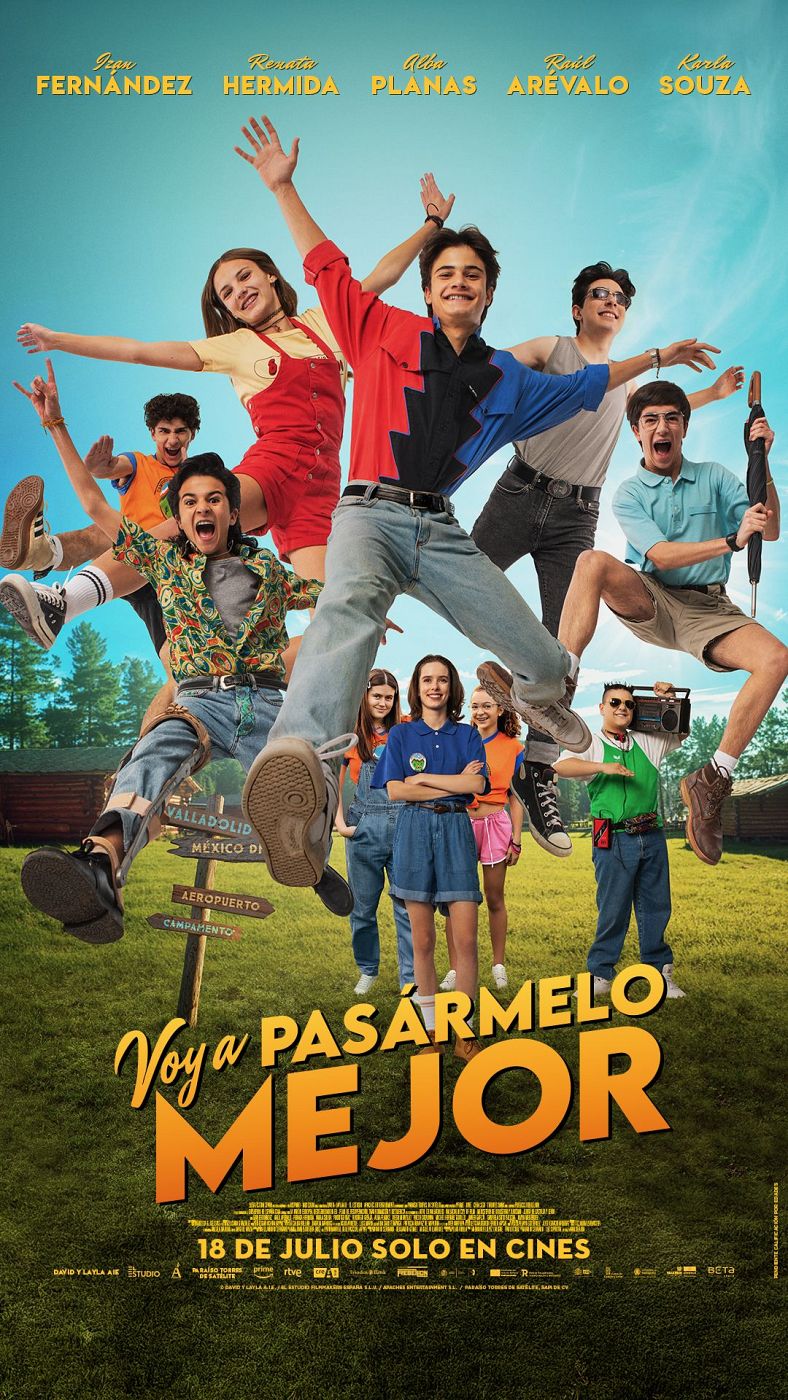 Jóvenes alegres saltan en un campo en el cartel de la película 