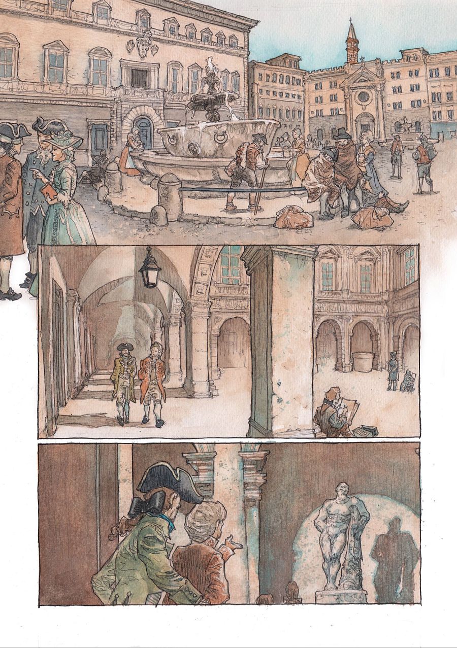 Viñetas de un cómic mostrando escenas de época: plaza con fuente y personajes, pasillo con arcos, interior con estatua iluminada.