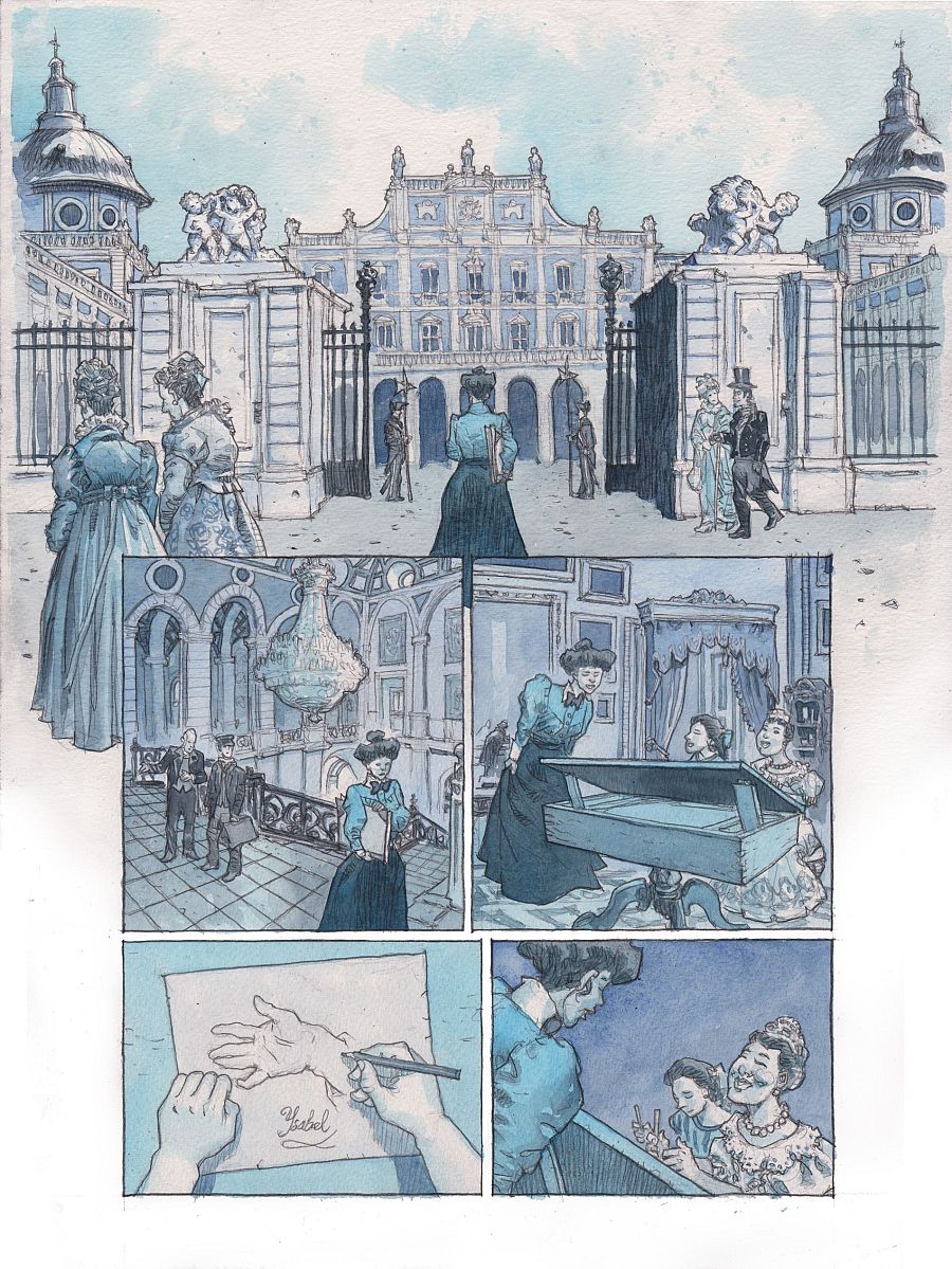 Cuatro viñetas de un cómic muestran escenas de época con mujeres, un objeto rectangular y un dibujo firmado 