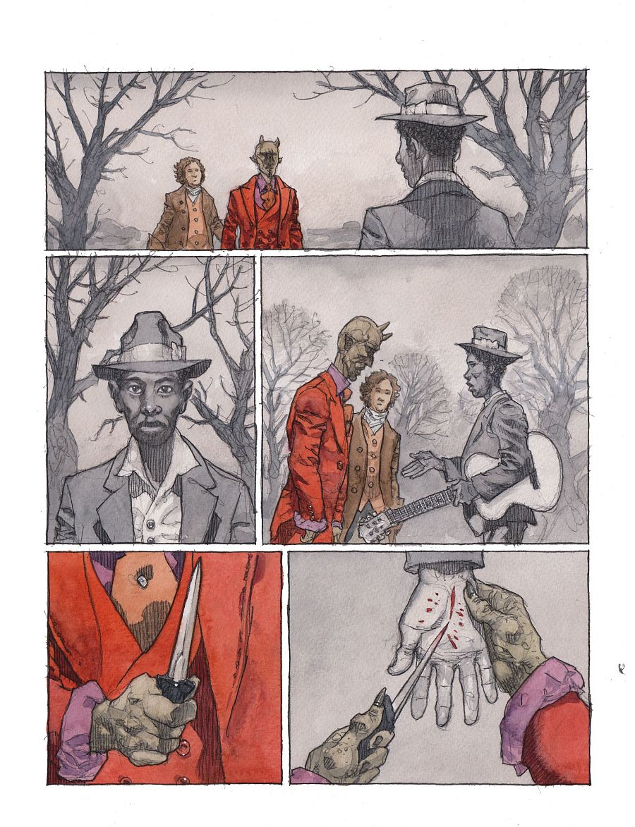 Cinco viñetas de cómic muestran la interacción violenta entre tres personajes: uno demoníaco, otro con sombrero y un tercero con ropa de época, en un escenario con árboles sin hojas.  Daga y sangre.