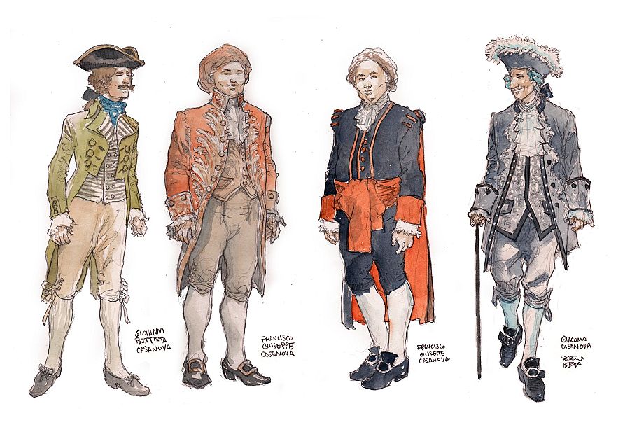 Cuatro bocetos a lápiz de personajes masculinos con ropajes del siglo XVIII para el cómic 