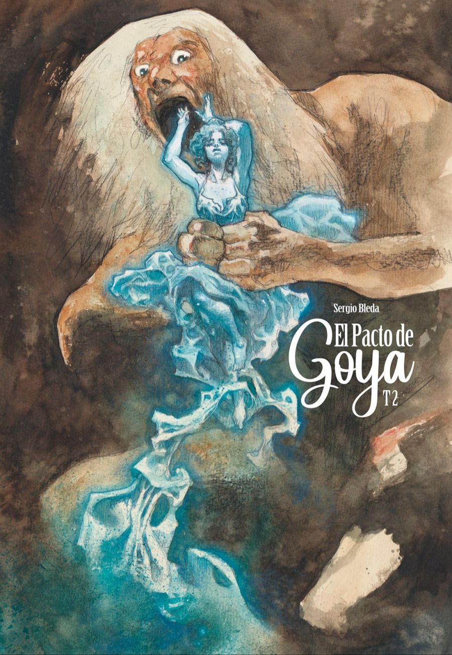 Ilustración inquietante: figura imponente devorando a una pequeña figura femenina azul.  Atmósfera oscura, colores contrastantes.  Portada provisional de cómic.