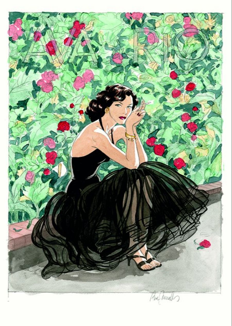 Ilustración de Ava Gardner sentada, con vestido negro, cigarrillo y rosal de fondo.  Detalle de sandalias, pendientes y pulseras doradas.