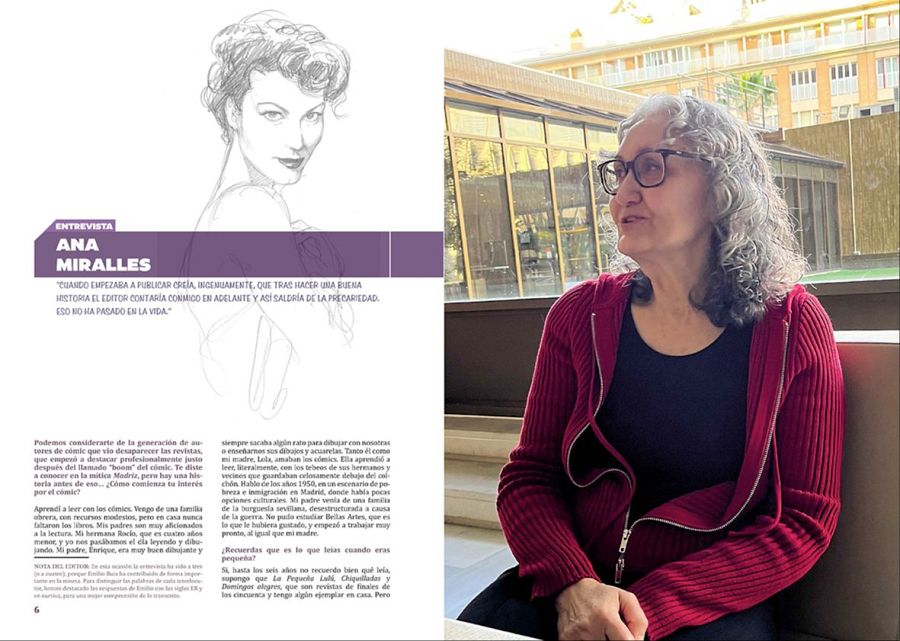 Entrevista a Ana Miralles en una publicación sobre cómic español.  Incluye una cita de la autora y una fotografía suya en un espacio interior luminoso.