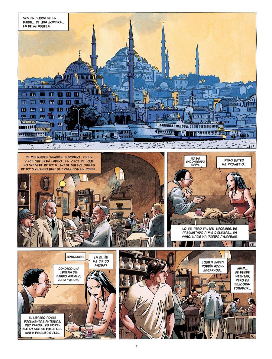 Cuatro viñetas de cómic muestran una búsqueda, con escenas en exteriores e interiores, incluyendo un restaurante y una librería llamada 