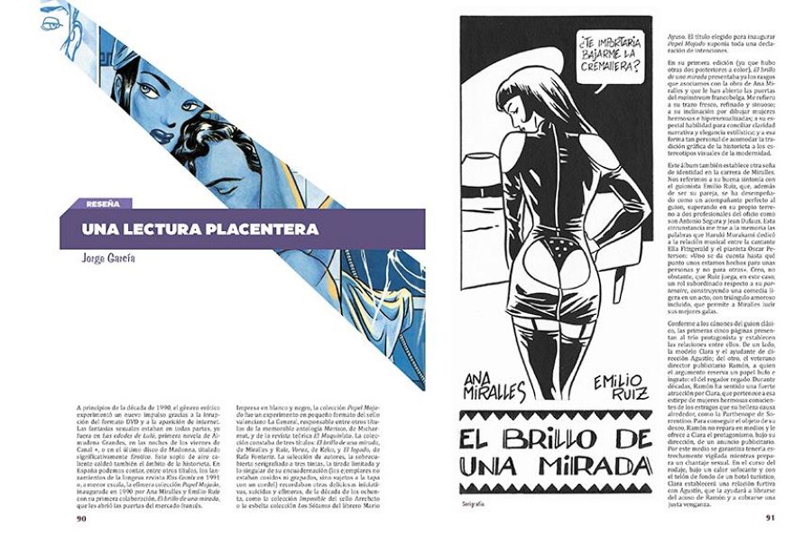 Reseña de cómic con viñeta en blanco y negro mostrando a una mujer y el texto 