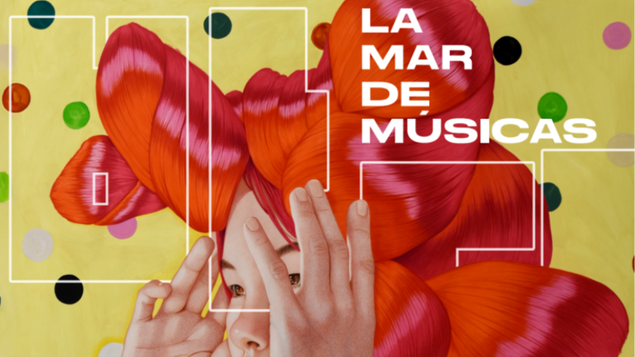 Figura estilizada con voluminoso peinado rojo y naranja, parcialmente oculto por sus manos, sobre fondo amarillo con círculos de colores.  Diseño promocional de festival.