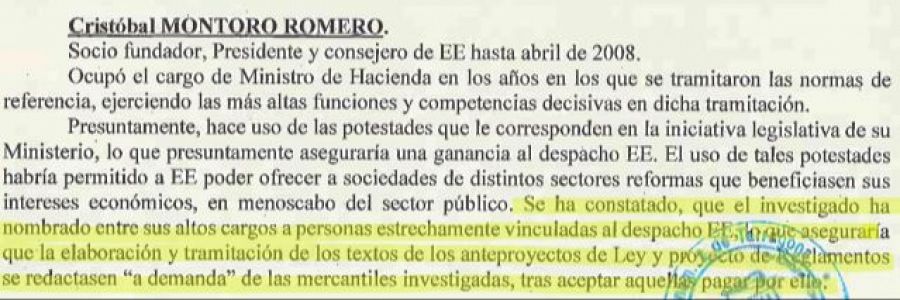 Imputación a exministro español por presunto uso de su cargo para beneficiar a una entidad de la que fue socio, nombrando a personas vinculadas a ella en puestos clave para la redacción de leyes.