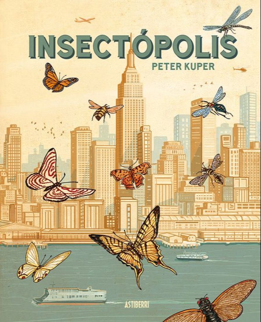 Ilustración vintage de portada de cómic: paisaje urbano con insectos (mariposas, abejas, libélulas) y un ferry. Estilo suave y envejecido.