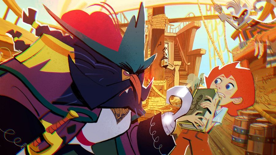 En un barco, un pirata con garfio y ropa colorida amenaza a un joven con el pelo rojo que protege un libro; un mono trepa en el fondo.