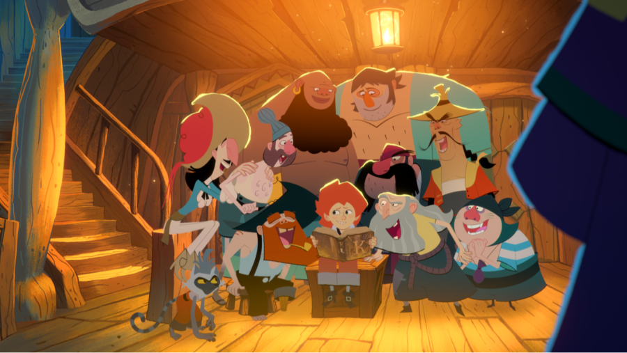 Escena animada: piratas rodean a un niño leyendo un libro en un interior de madera con una escalera.  Luz cálida, ambiente misterioso.