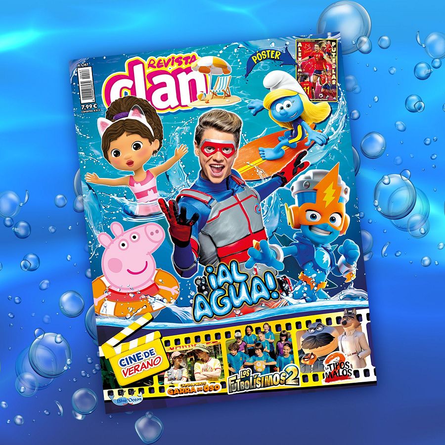 Portada veraniega de la revista Clan (julio 2025) con personajes infantiles, imágenes de películas y un póster de fútbol. Precio: 7,99€.