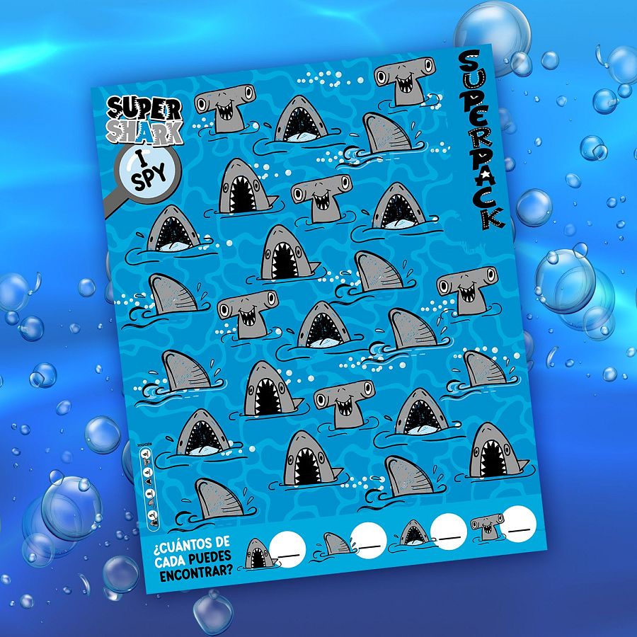 Juego de contar tiburones: identifica y cuenta tiburones grises y martillo en una ilustración submarina.  Anota el resultado en la sección inferior.