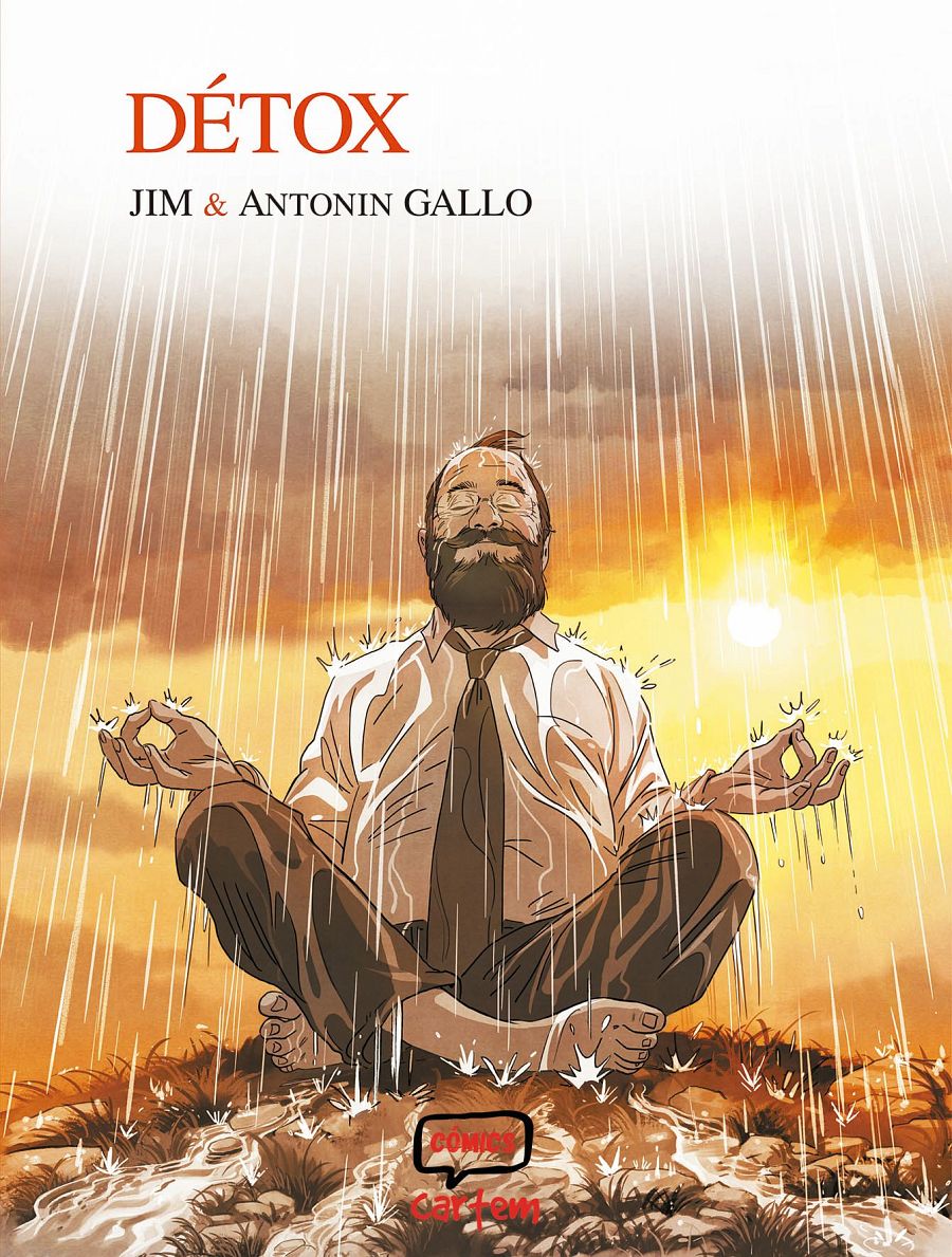 Hombre meditando bajo lluvia, portada de cómic 