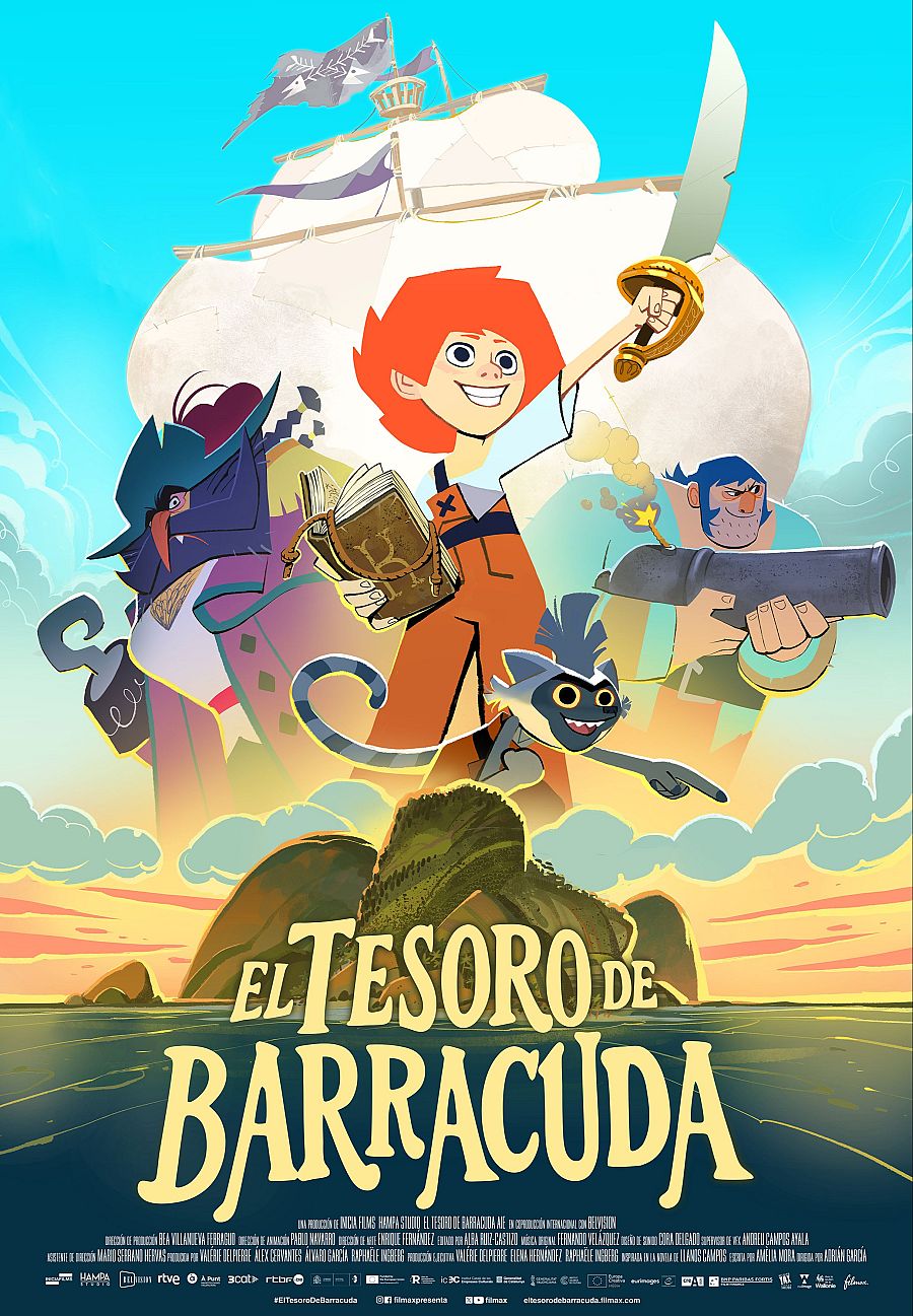 Aventura pirata infantil con un niño pelirrojo, un gato con parche, un mono y un personaje robusto.  Barco y isla al fondo. Disponible en RTVE.es.