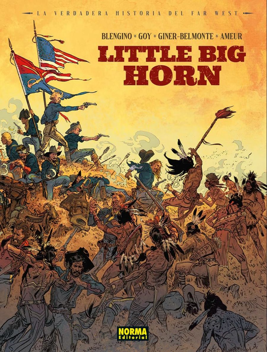 Intensa escena de batalla entre soldados y nativos americanos en la portada de un cómic.  Se aprecian uniformes, armas, y tocados de plumas. Título en rojo: LITTLE BIG HORN.