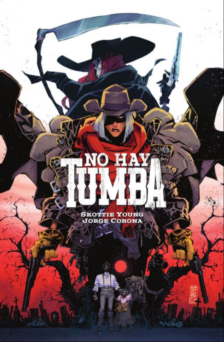 Portada de cómic: personaje enmascarado con sombrero y capa roja, dos pistolas, figura oscura con guadaña, y dos figuras más pequeñas en un cementerio. Colores rojos y anaranjados.