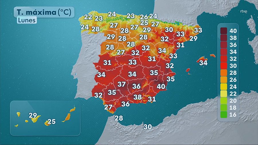 Mapa con la previsión de las máximas para la Península e islas Canarias y Baleares para el lunes 21 de julio.