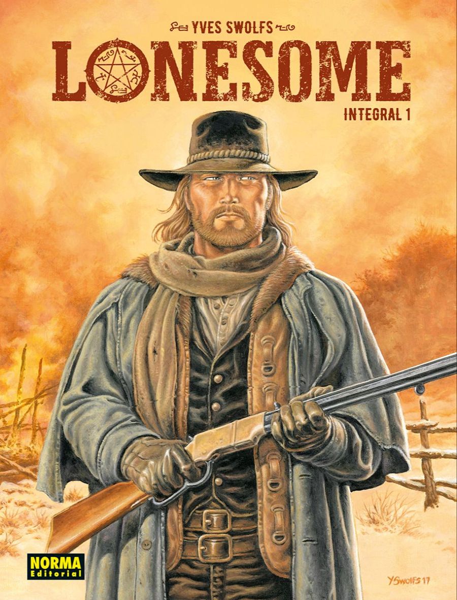 Portada de cómic: vaquero rubio con rifle, paisaje desértico, logo editorial y firma del autor.
