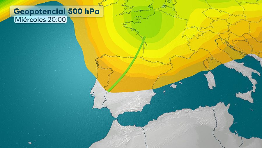 El eje de una vaguada es una línea imaginaria que marca el punto de inflexión de la onda, vendría a ser el pico de la V