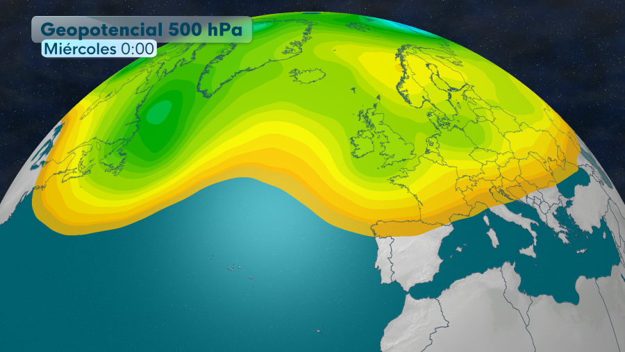 El geopotencial a 500 hPa indica la altura a la que se encuentra esa presión y ayuda a diagnosticar la situación meteorológica general