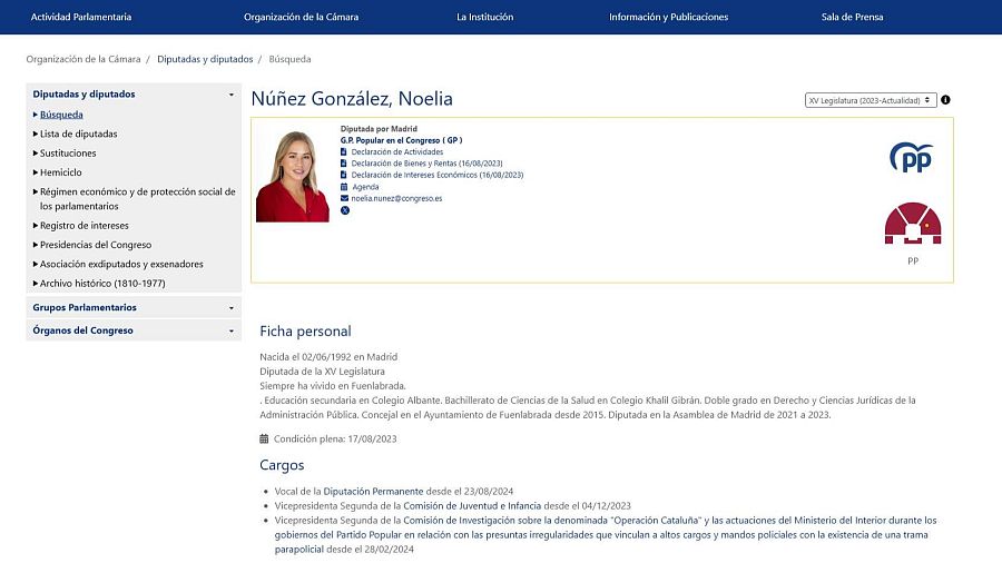 Información sobre la diputada Noelia Núñez, del PP, en la página web del Congreso