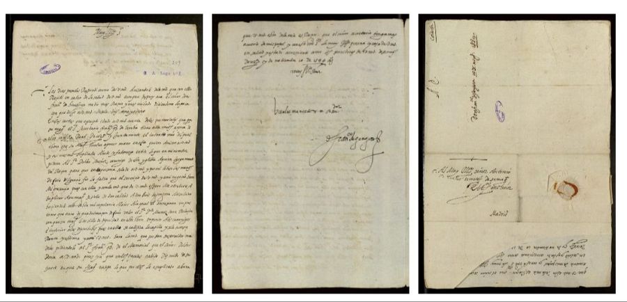 Tres documentos manuscritos antiguos en español, con caligrafía compleja, muestran anotaciones, firmas y sellos; uno incluye la palabra 