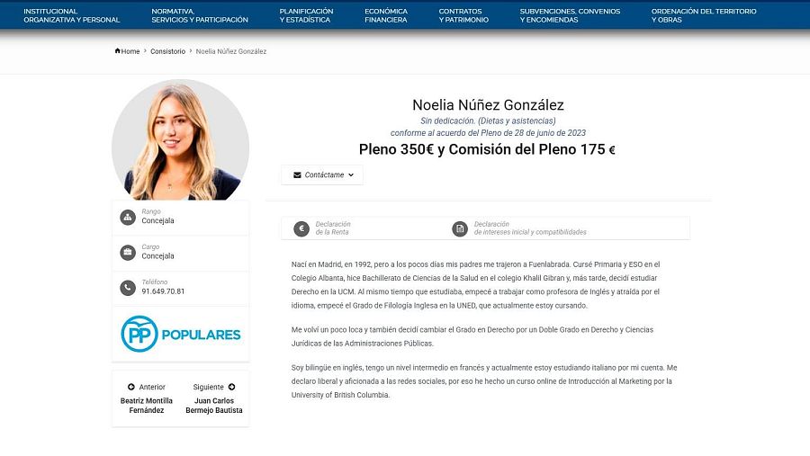 Información sobre Noelia Núñez publicada en el portal de transparencia del Ayuntamiento de Fuenlabrada