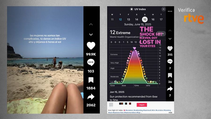 Publicaciones de TikTok que invitan a tomar el sol con alto índice ultravioleta