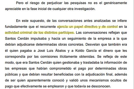 Un fragmento del auto sobre Santos Cerdán en el que se habla de su 