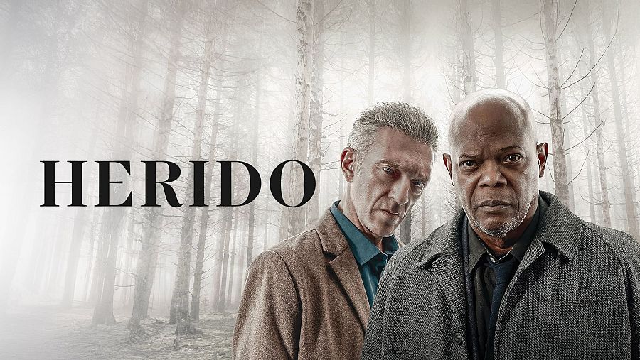 Samuel L. Jackson y otro actor miran a cámara en un póster de película con fondo de bosque brumoso.  Título: 