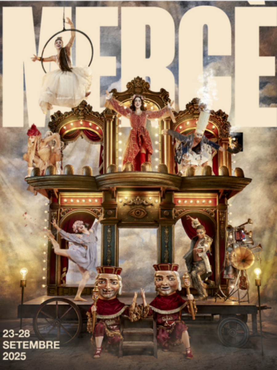 Cartel de las Festes de la Mercè 2025 (23-28 septiembre): carroza con artistas, acróbata, figura central con vestido rojo y dorado, y gigantes. Iluminación con bombillas antiguas.