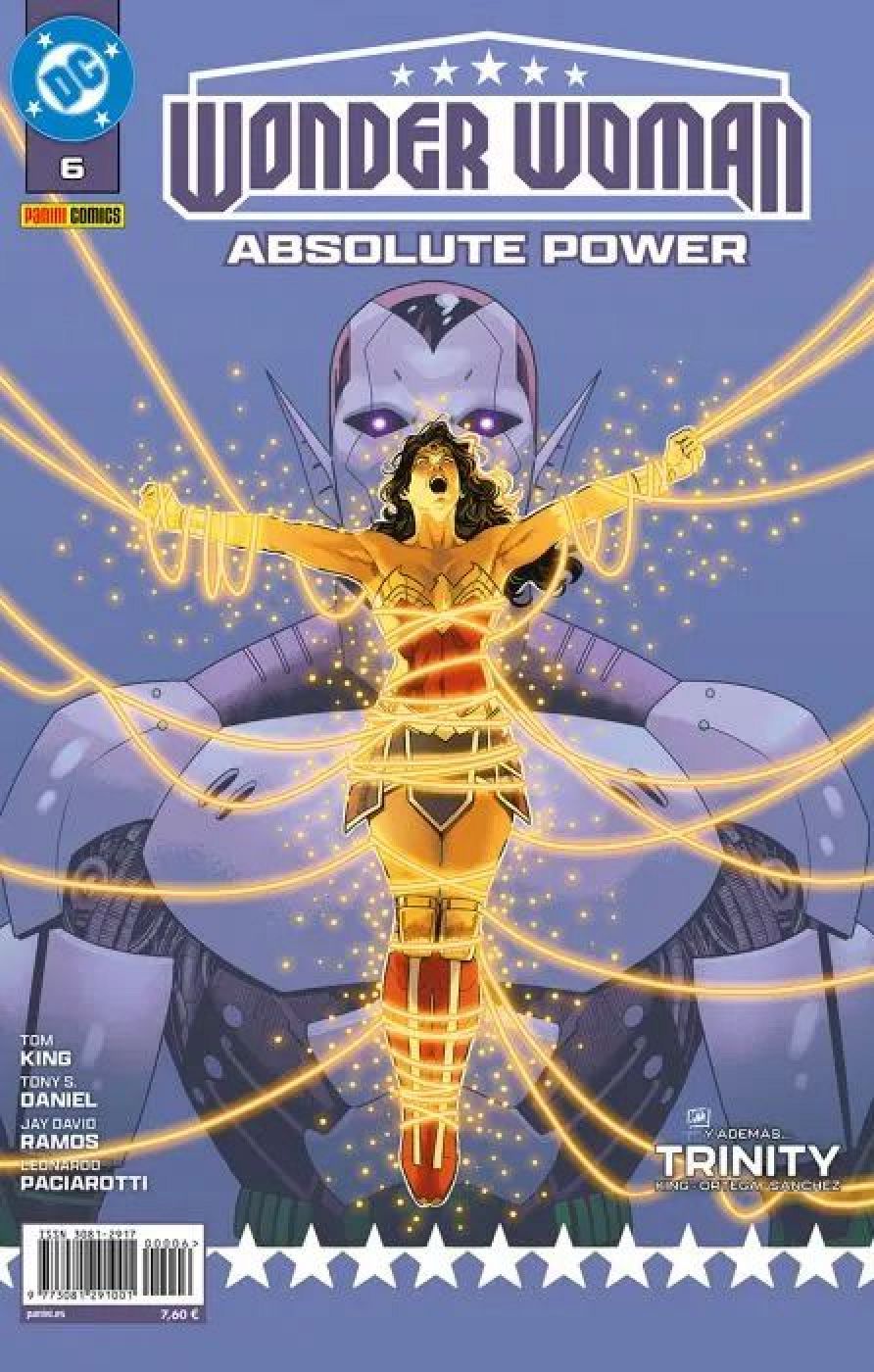 Wonder Woman, atrapada por rayos dorados, muestra angustia.  Detrás, una figura púrpura imponente. Créditos de autores y anuncio de otro cómic en la portada.