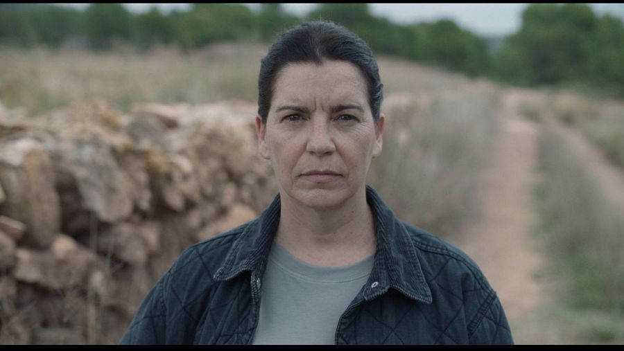 Mujer de mediana edad, mirada seria, chaqueta oscura, paisaje rural de fondo con muro de piedra y camino de tierra. Fotograma de película.