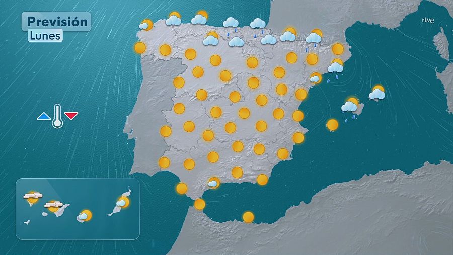 Mapa de la Península y las islas Canarias y Baleares con el pronóstico del tiempo para el lunes 28 de julio