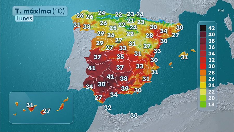Mapa de la Península y las islas Canarias y Baleares con el pronóstico de las temperaturas máximas para el lunes 28 de julio