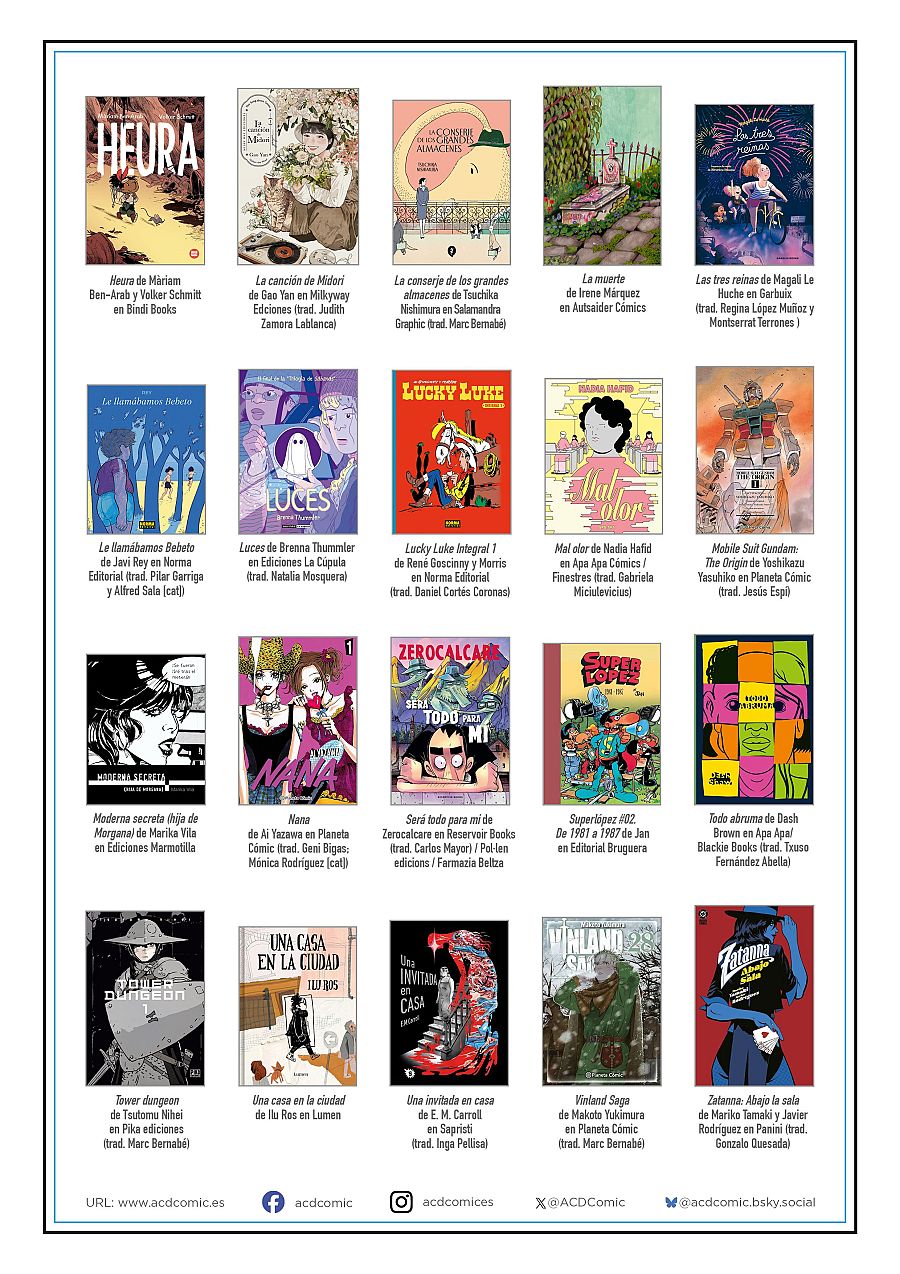 Lista de cómics esenciales del primer semestre de 2025, con autores, traductores y editoriales.  Incluye títulos diversos, desde manga hasta cómics europeos.