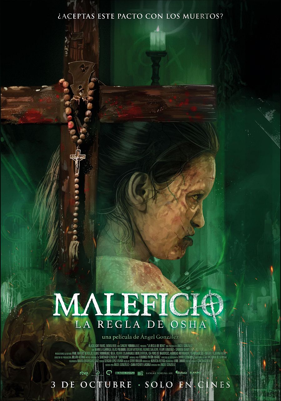 Cartel de película con niña poseída, cruz de madera, vela encendida y fondo oscuro.  Atmósfera tétrica y pregunta: ¿Aceptas este pacto con los muertos?