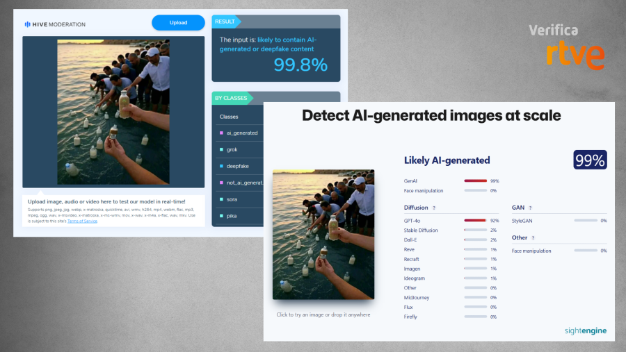Resultados que ofrecen herramientas de detección de IA sobre la foto de las botellas en el mar