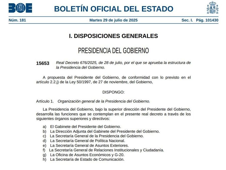 El BOE publica este martes la nueva estructura de La Moncloa tras la dimisión de Paco Salazar