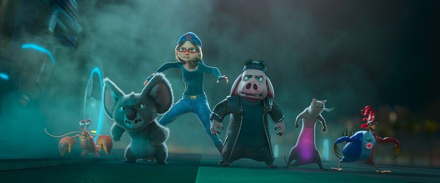 Cinco personajes animados (niña, cerdo, koala, gato y gallo) en escena oscura y misteriosa, alerta ante una amenaza.  Ambiente futurista.