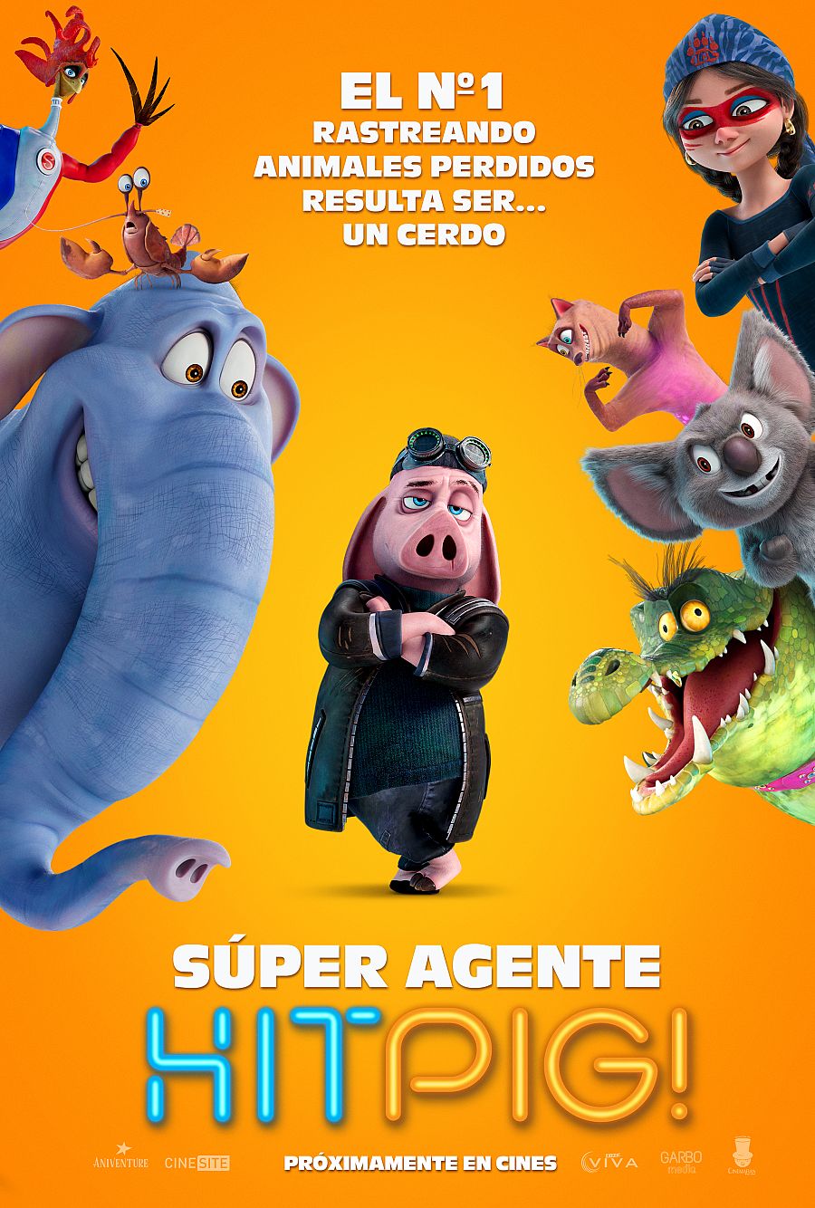 Póster de película animada: cerdo protagonista con gafas, rodeado de otros animales. Título 