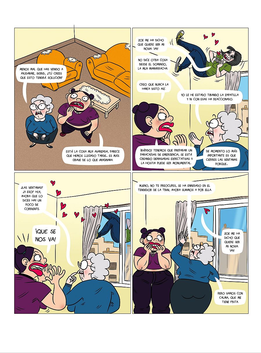 En una viñeta de cómic, un personaje se lanza por la ventana tras una declaración de amor, mientras dos mujeres mayores reaccionan con preocupación y humor, ideando un plan de rescate improvisado.