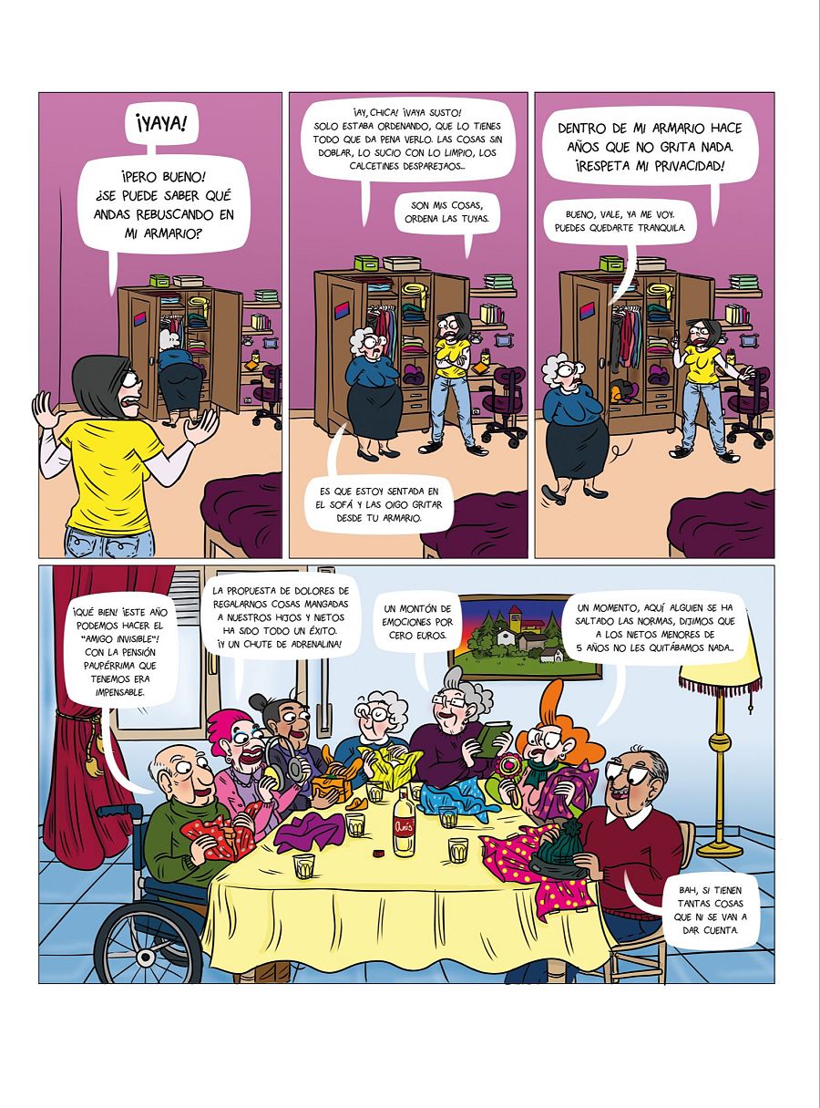 Abuela y nieta discuten en un armario; luego, familia mayor celebra el amigo invisible con regalos 'prestados', justificándolo por la escasez de recursos.