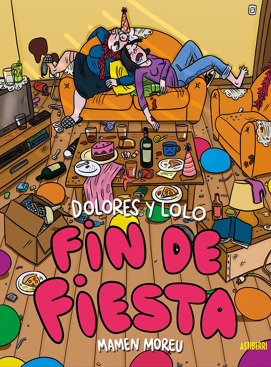 Portada de cómic mostrando a dos personajes agotados tras una fiesta; la sala está desordenada con restos de comida, bebida y decoración. Título: 